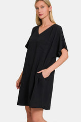 Trendsi Zenana V-Neck Tee Dress with Pockets -