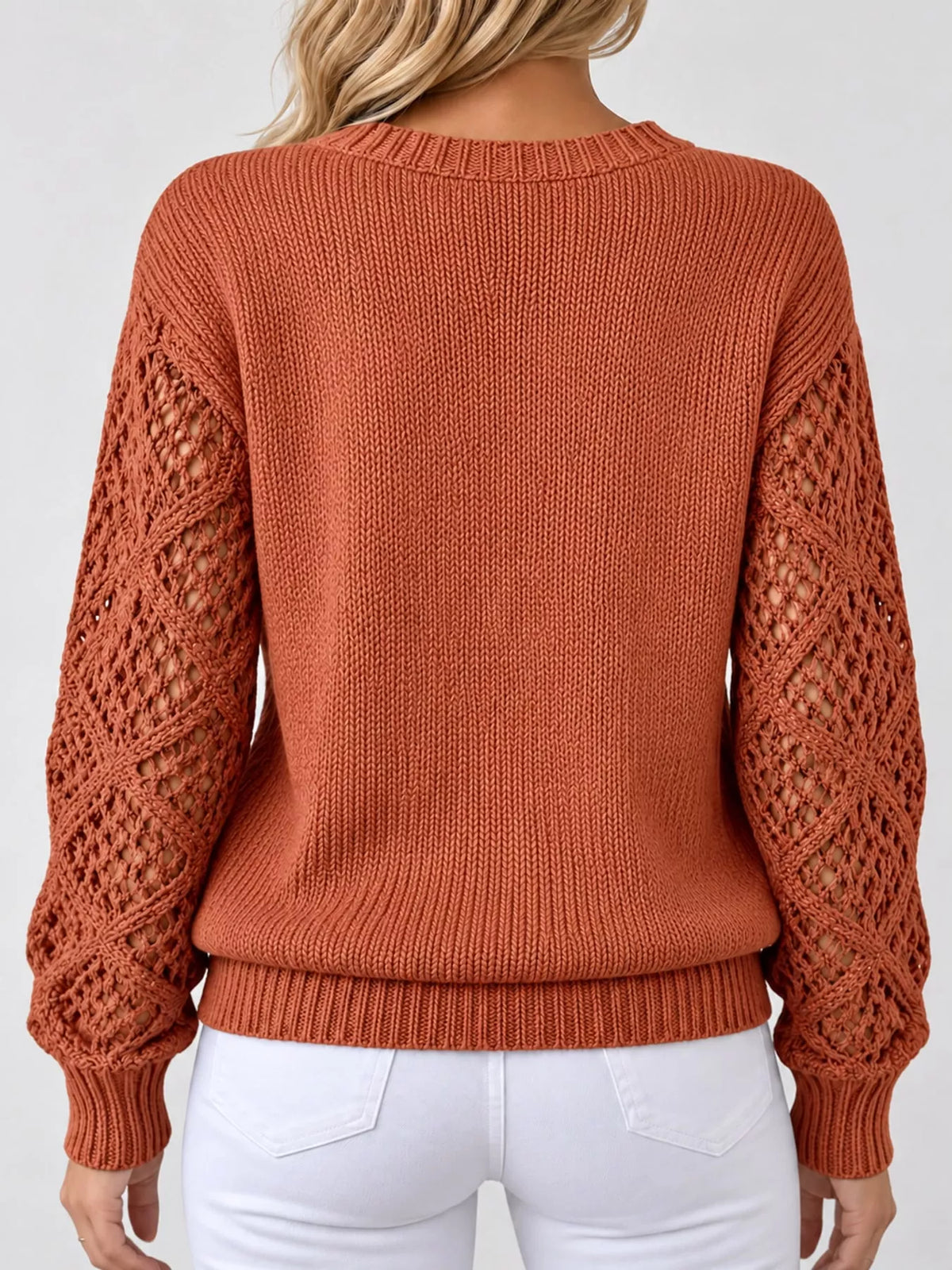 Orange v neck openwork long sleeve sweater, back view