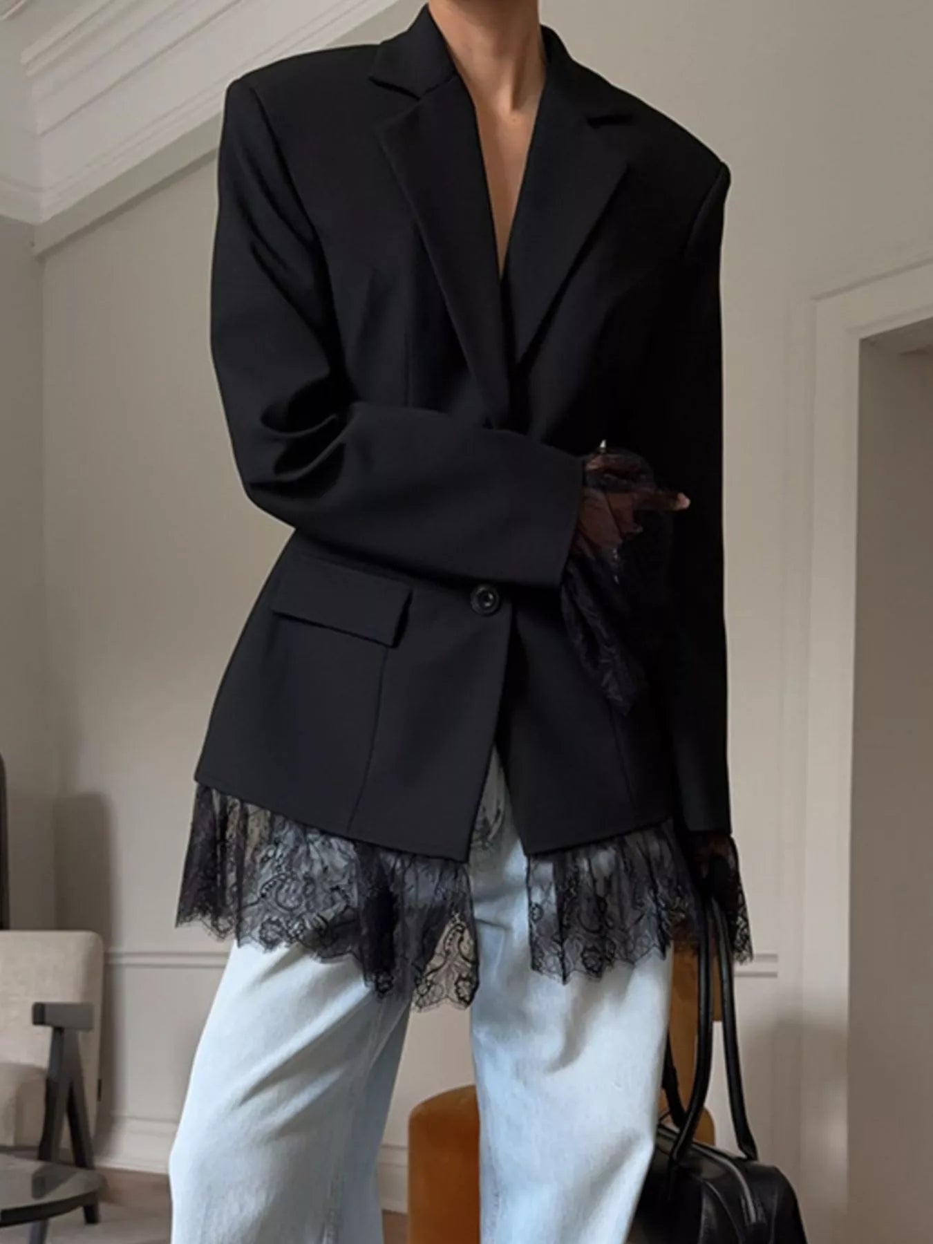Trendsi Lace Hem Lapel Collar Blazer -