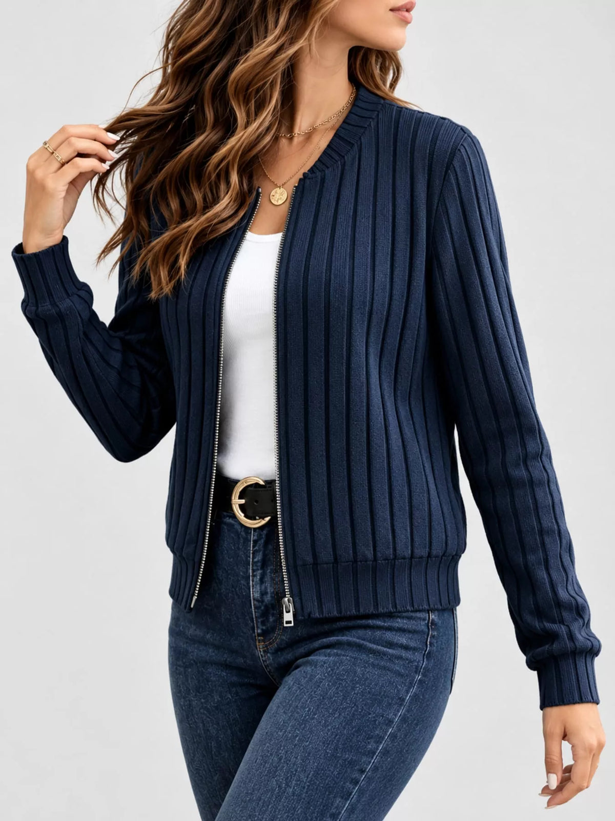 Ribbed Knit Zip-Up Bomber Jacket — front view