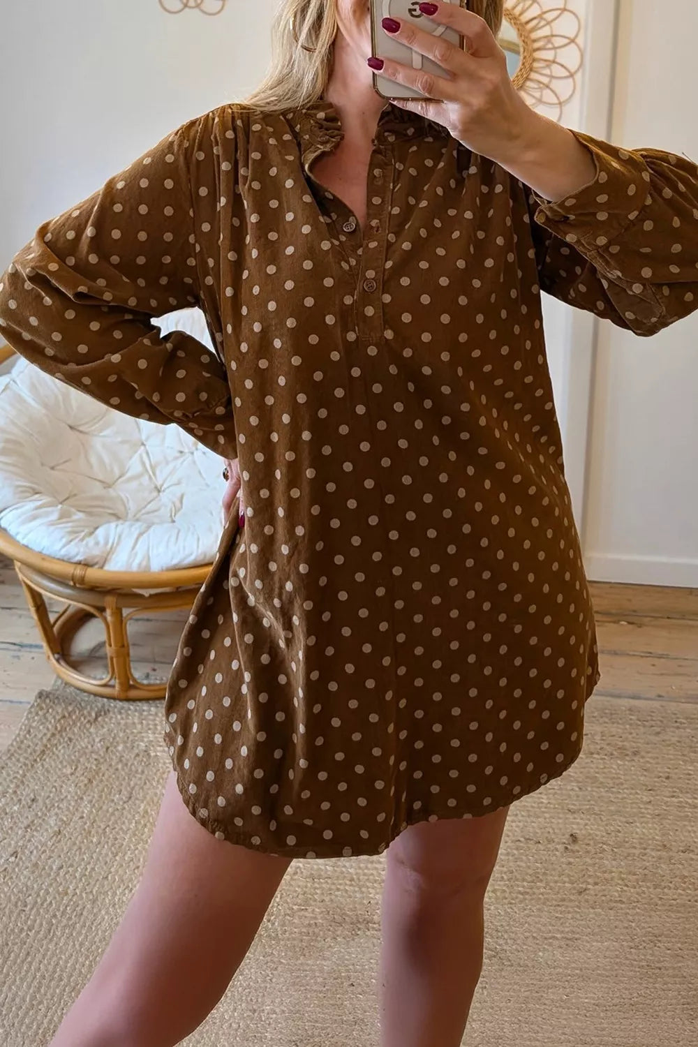 Trendsi Polka Dot V Neck Long Sleeve Button Shift Dress -