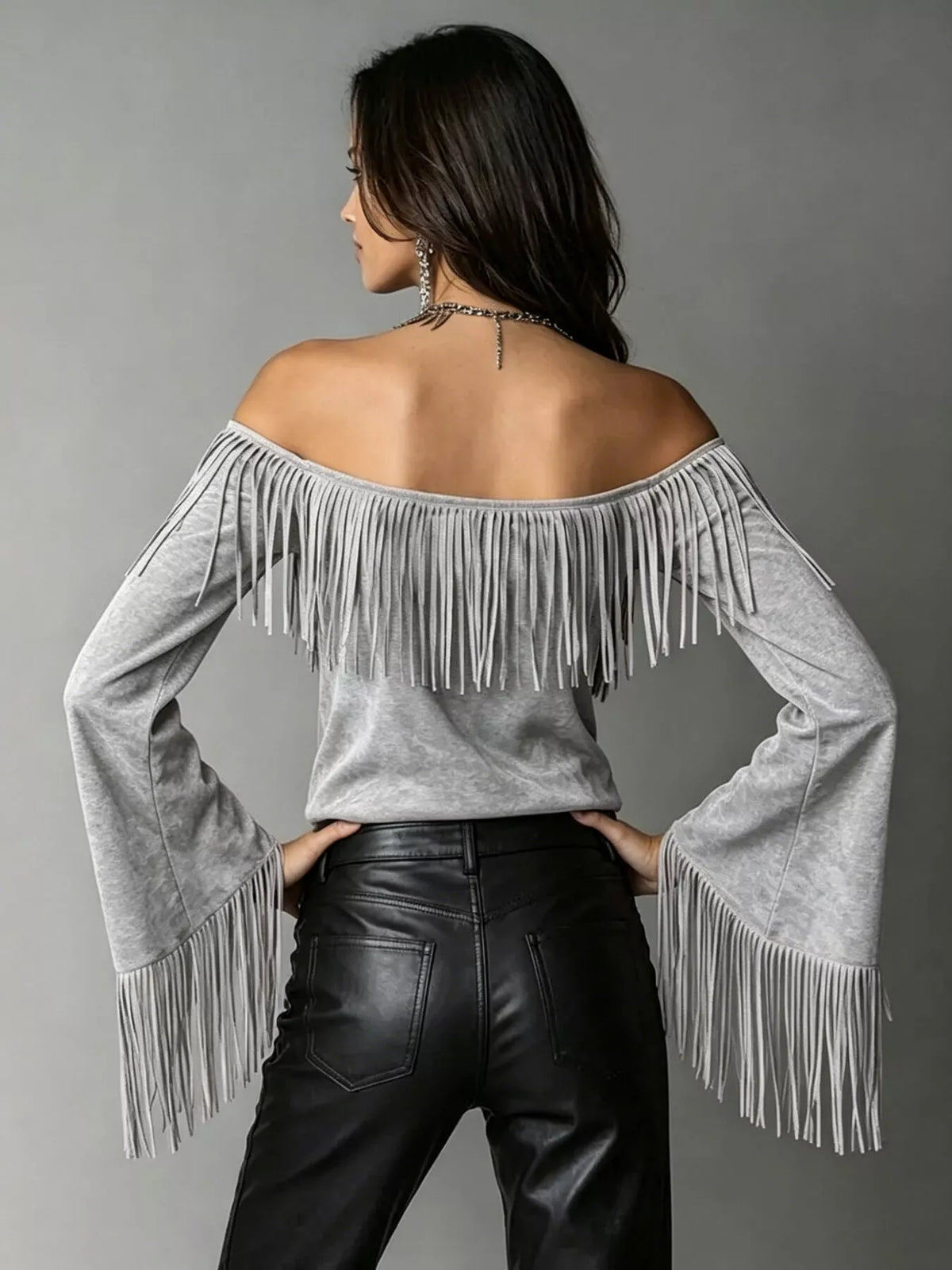 Fringed Off-Shoulder T-Shirt in gray, back view