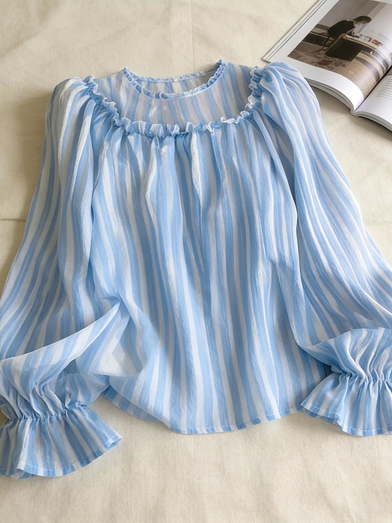Trendsi Striped Flounce Sleeve Blouse -
