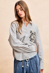 Trendsi BiBi Flower Jacquard Knit Patch Pocket Stripe Shirt -