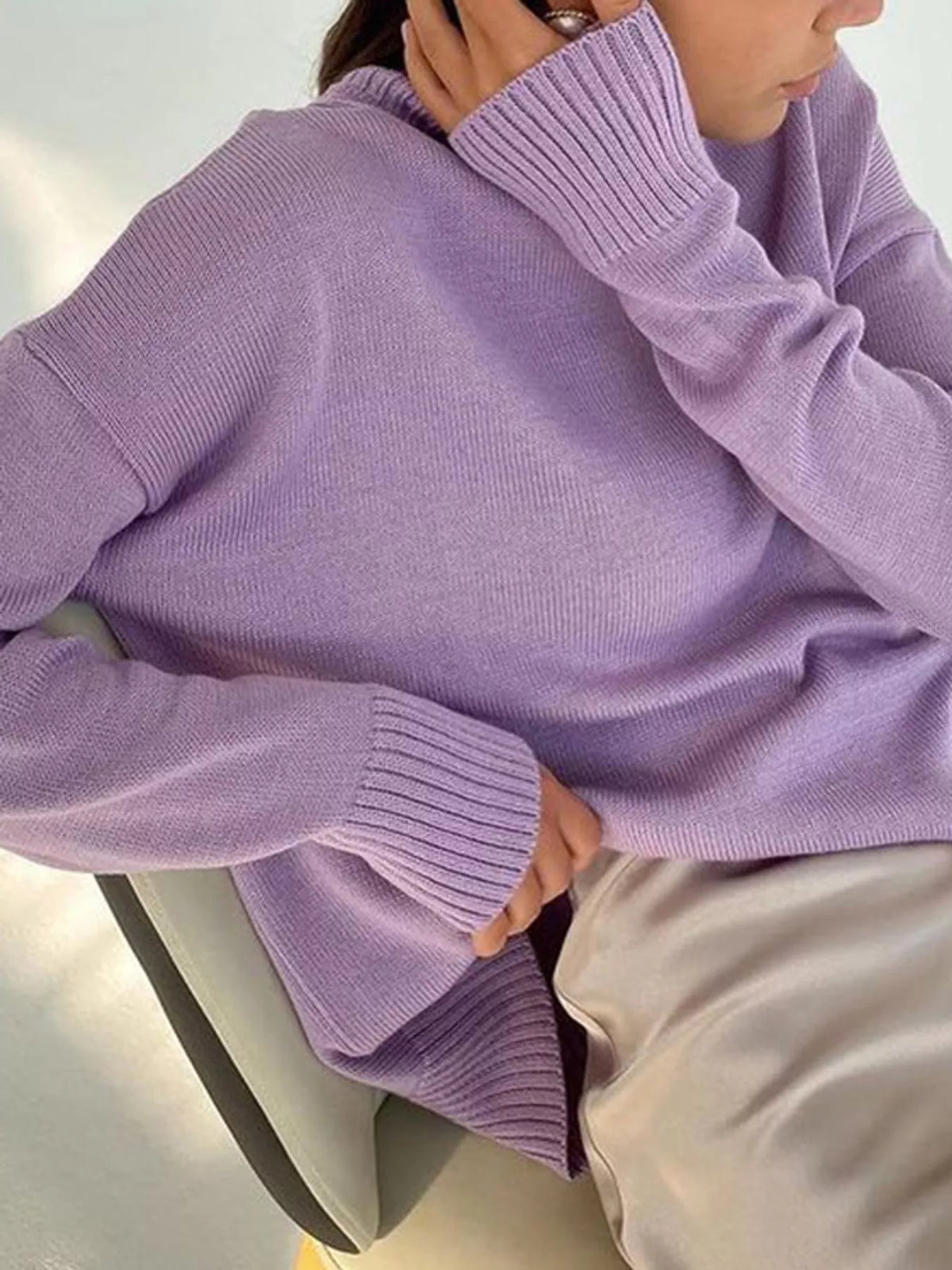 Turtleneck sweater, purple seated front