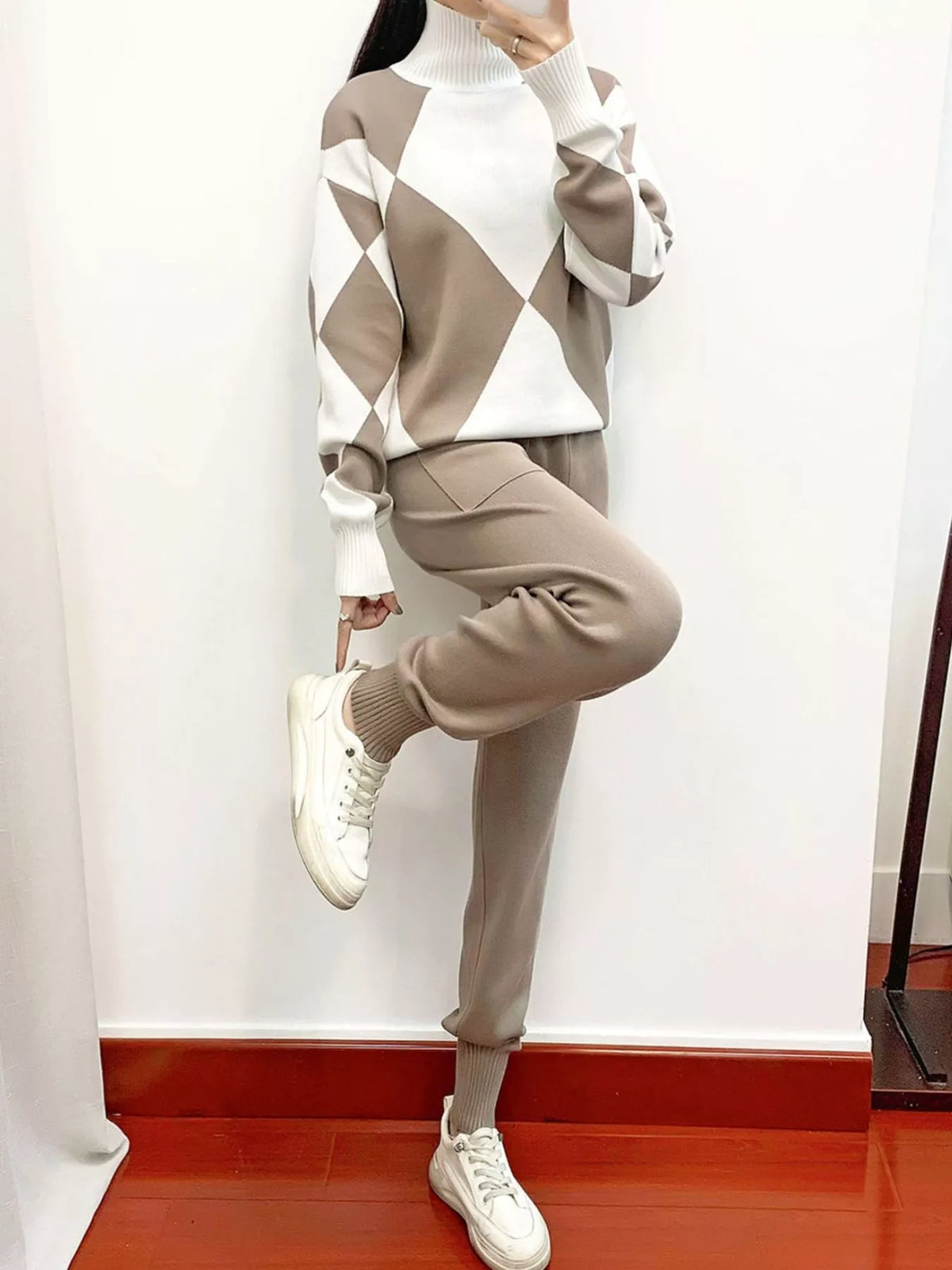 Argyle Pattern Mock Neck Sweater and Jogger Set — front view