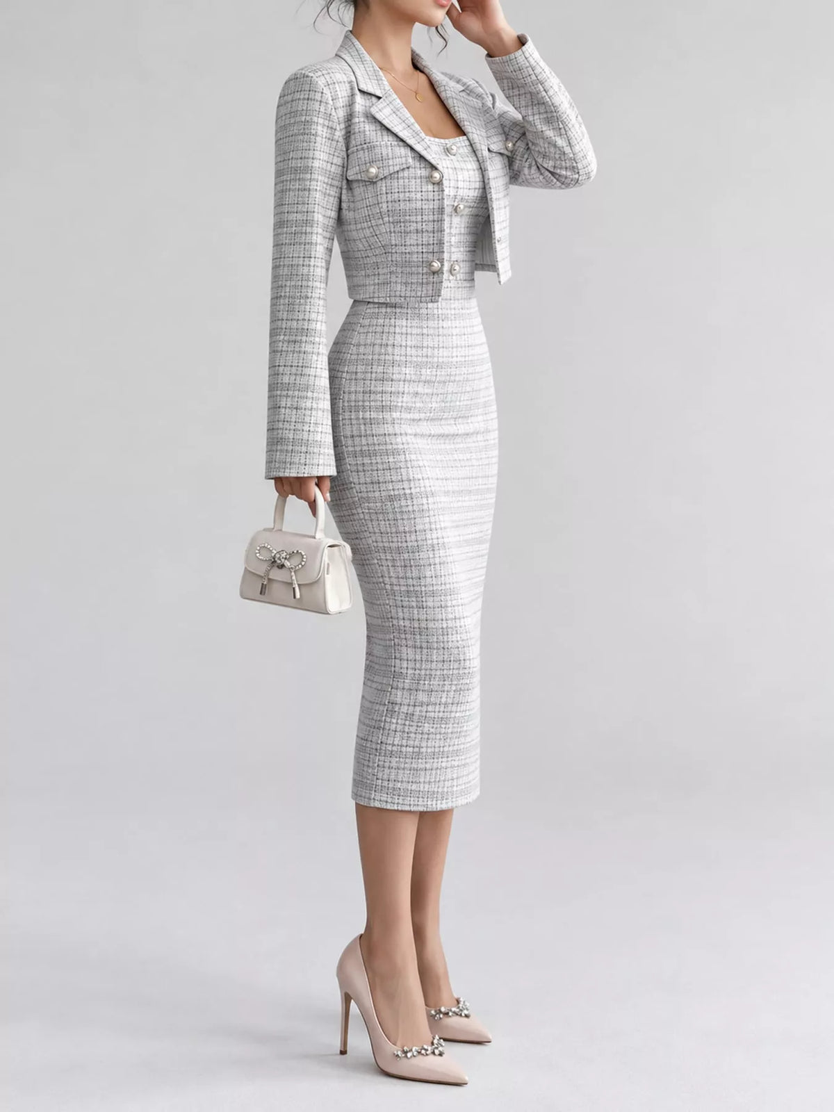 Tweed dress and cardigan set, gray side