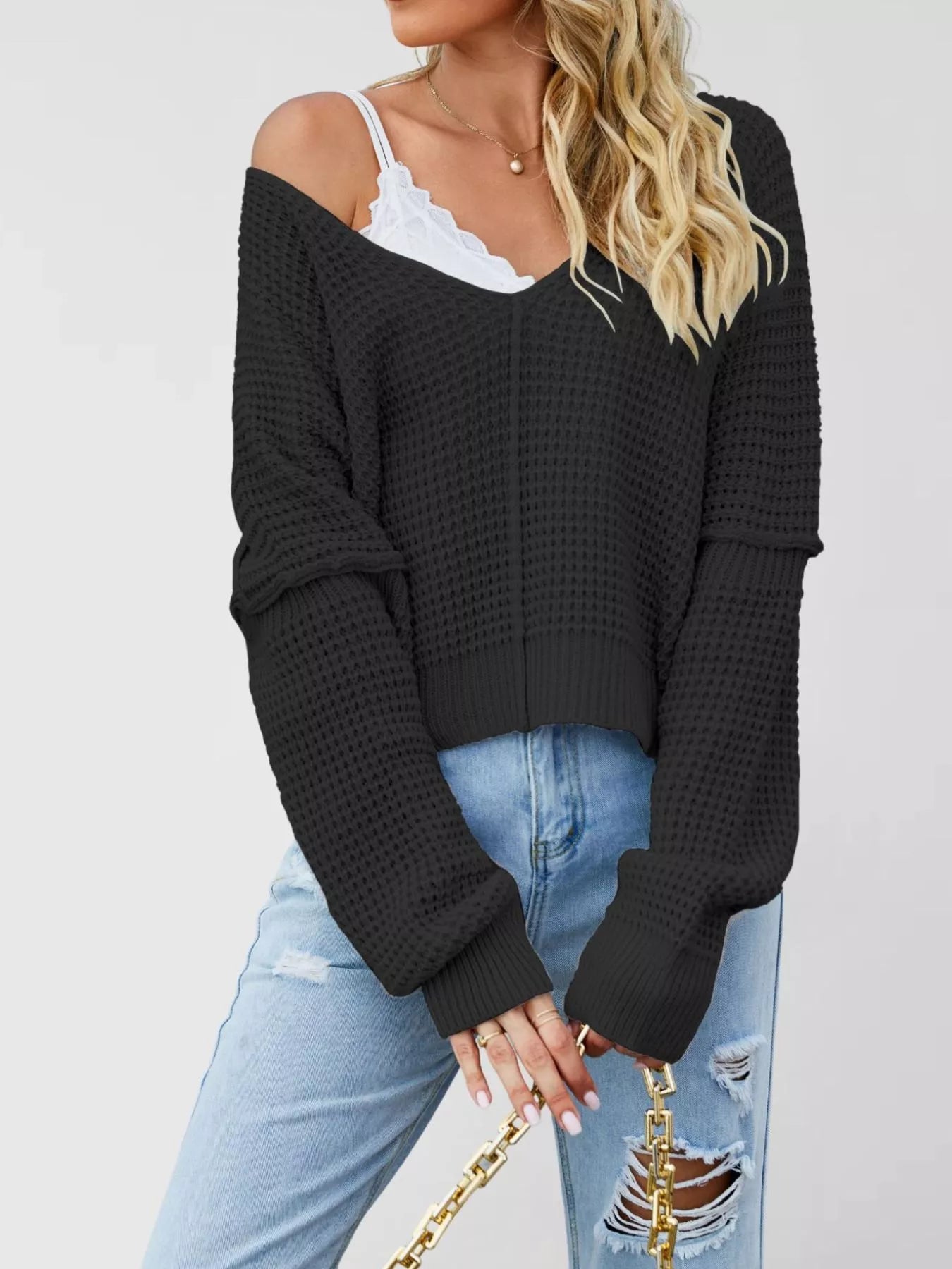Trendsi Waffle Knit Dropped Shoulder Sweater -