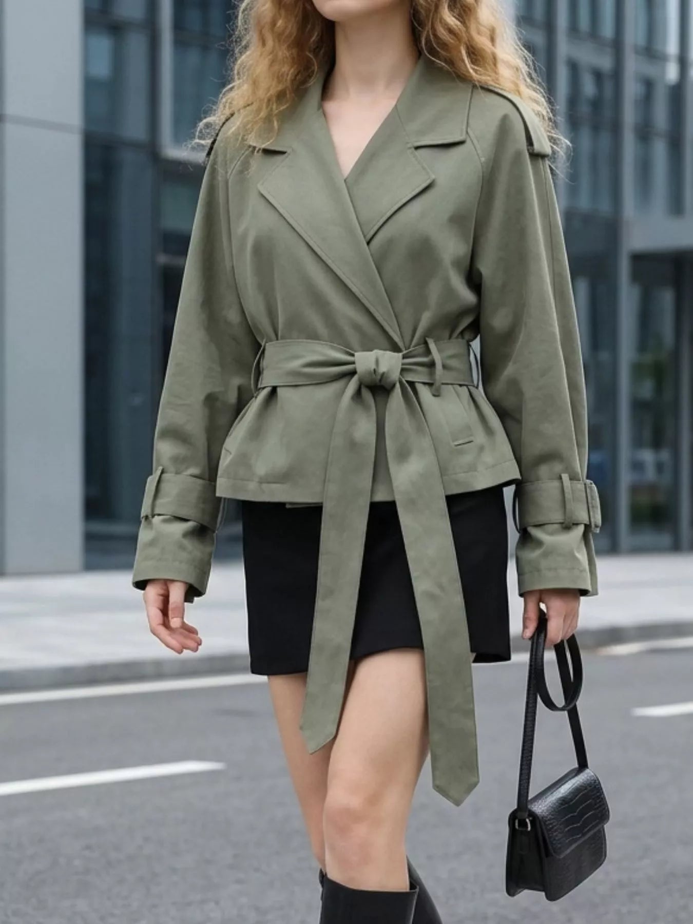 Trendsi Lapel Collar Belted Cropped Trench -