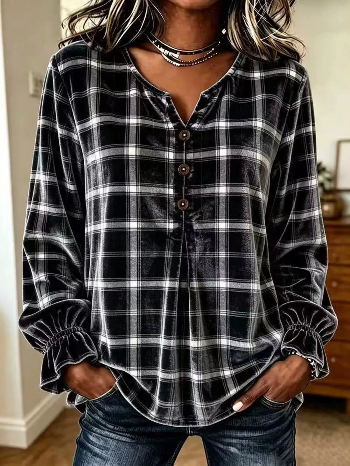 Black plaid velvet balloon-sleeve blouse, front view