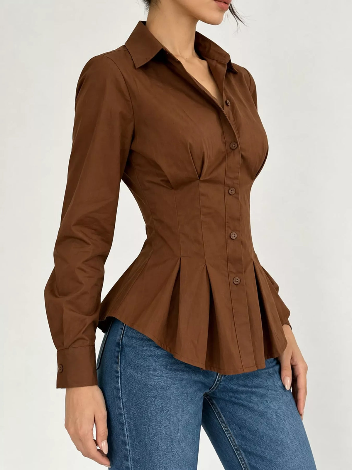 Button-Down Peplum Blouse with Fitted Waist, side view