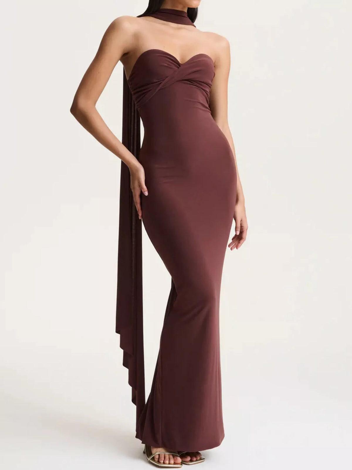 Brown strapless ruched bodycon maxi dress with scarf, front view