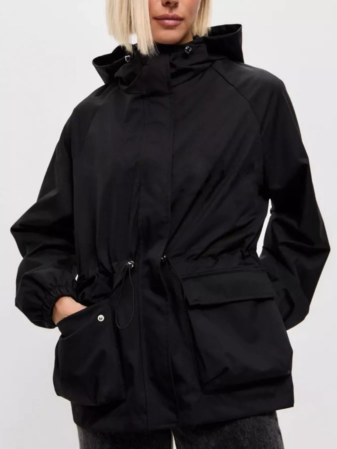 Trendsi Drawstring Waist Hooded Windbreaker Outerwear -