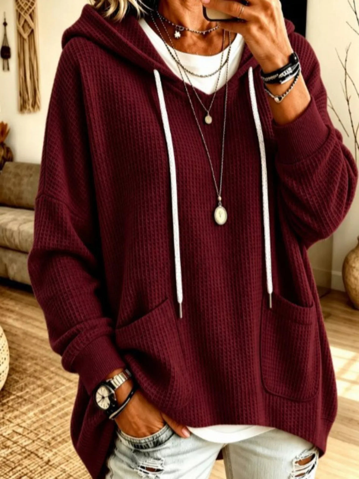 Trendsi Full Size Waffle Knit Hoodie with Pockets Plus Size -