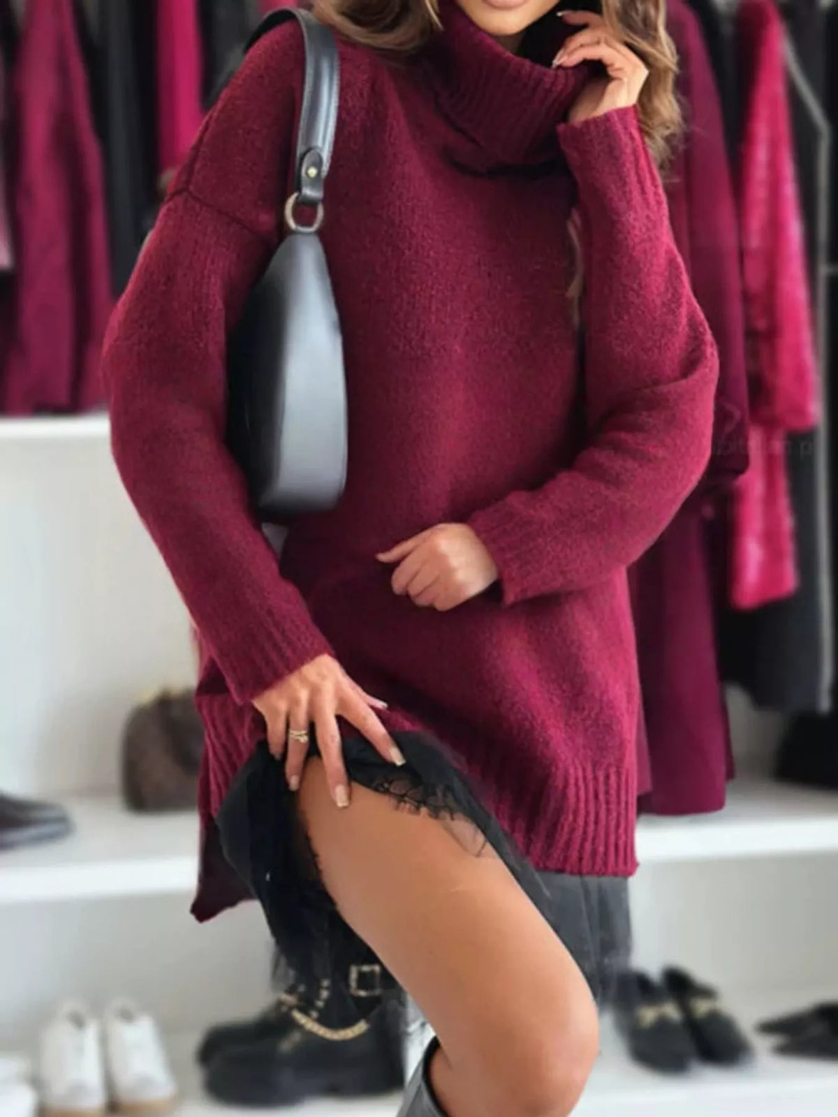 Turtleneck Sweater and Lace Hem Dress Set — front view