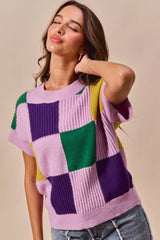 Trendsi SO ME Mardi Gras Check Plaid Casual Sweater Top -