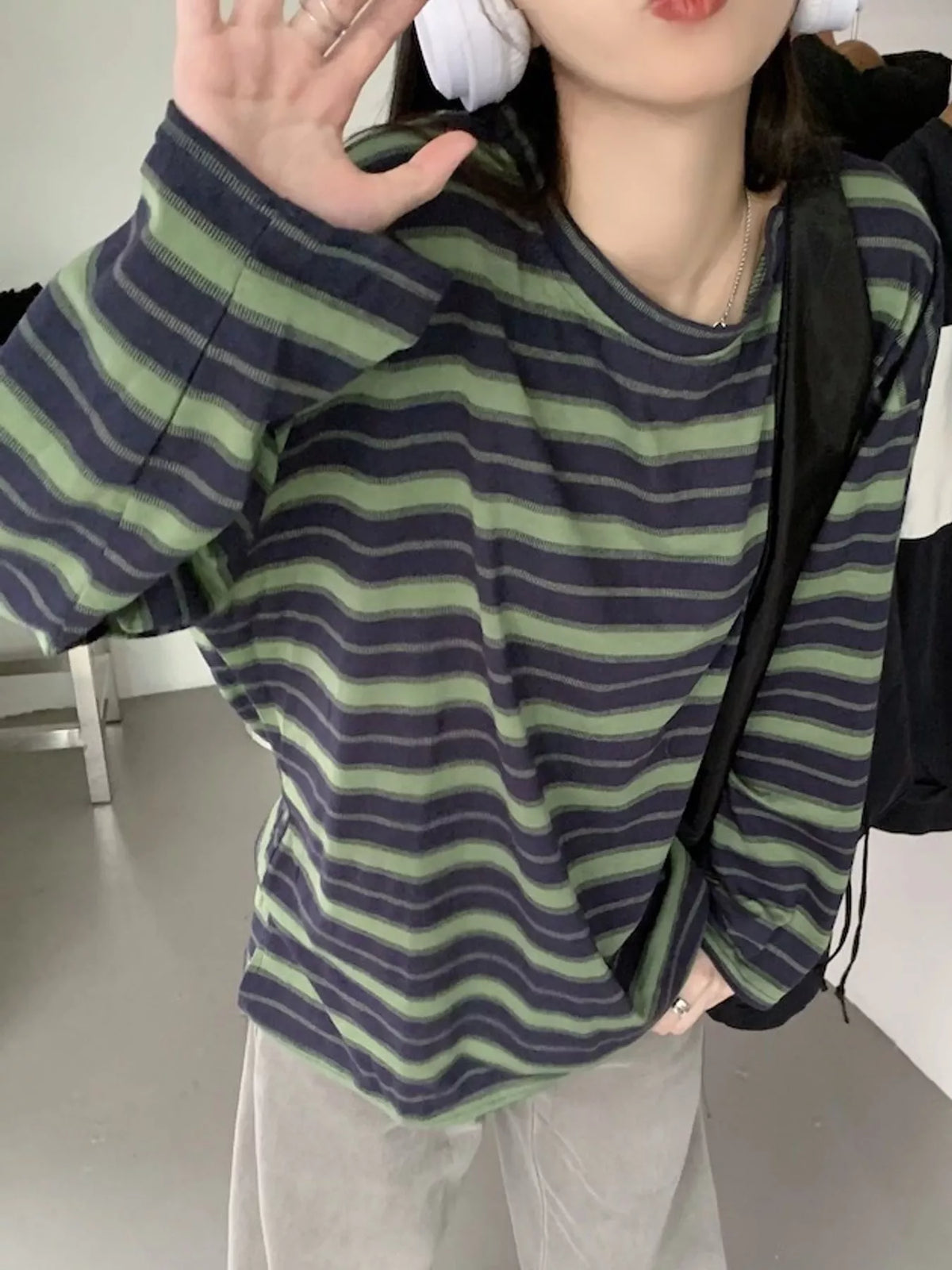 Green striped oversized T-shirt, front view