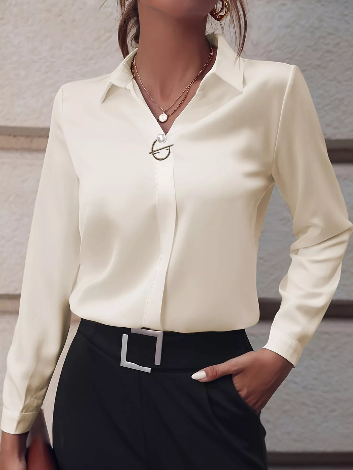 Women's Collared Clasp Detail Long Sleeve Satin Blouse in cream — front view