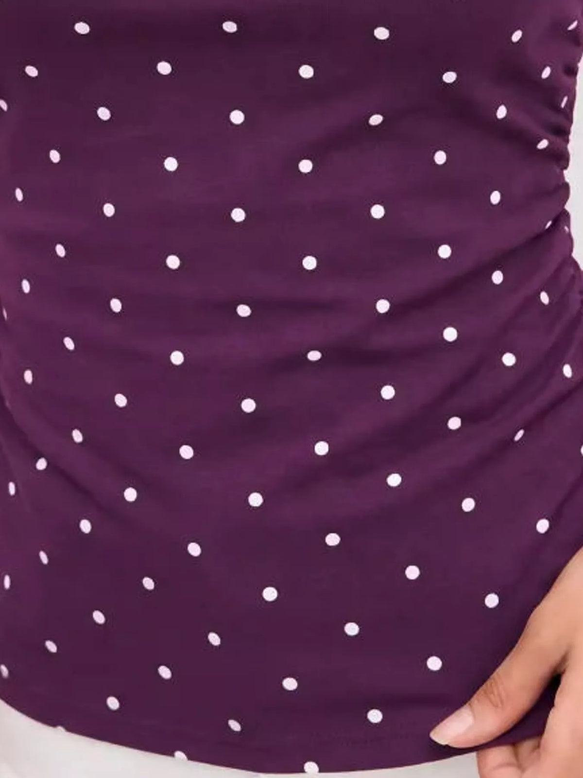 Polka Dot Print Sleeveless Tank Top with Tie Back, detail view in purple and white