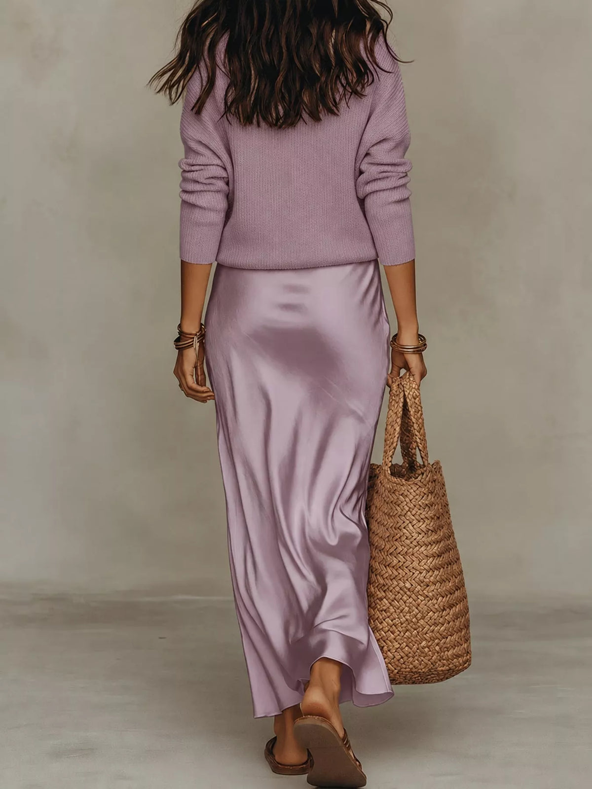 Purple-Set v-neck top and satin midi skirt set, back view