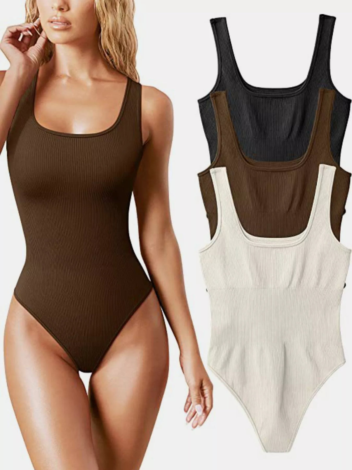 Ribbed bodysuit, brown front with color options