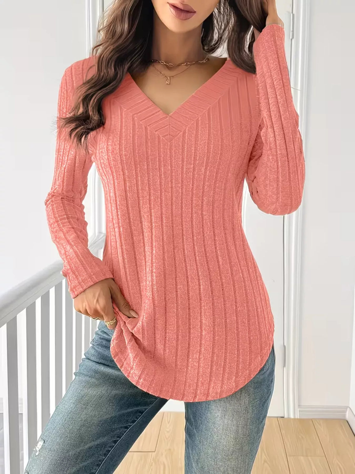 Women's Ribbed Knit Long Sleeve T-Shirt in peach — front view