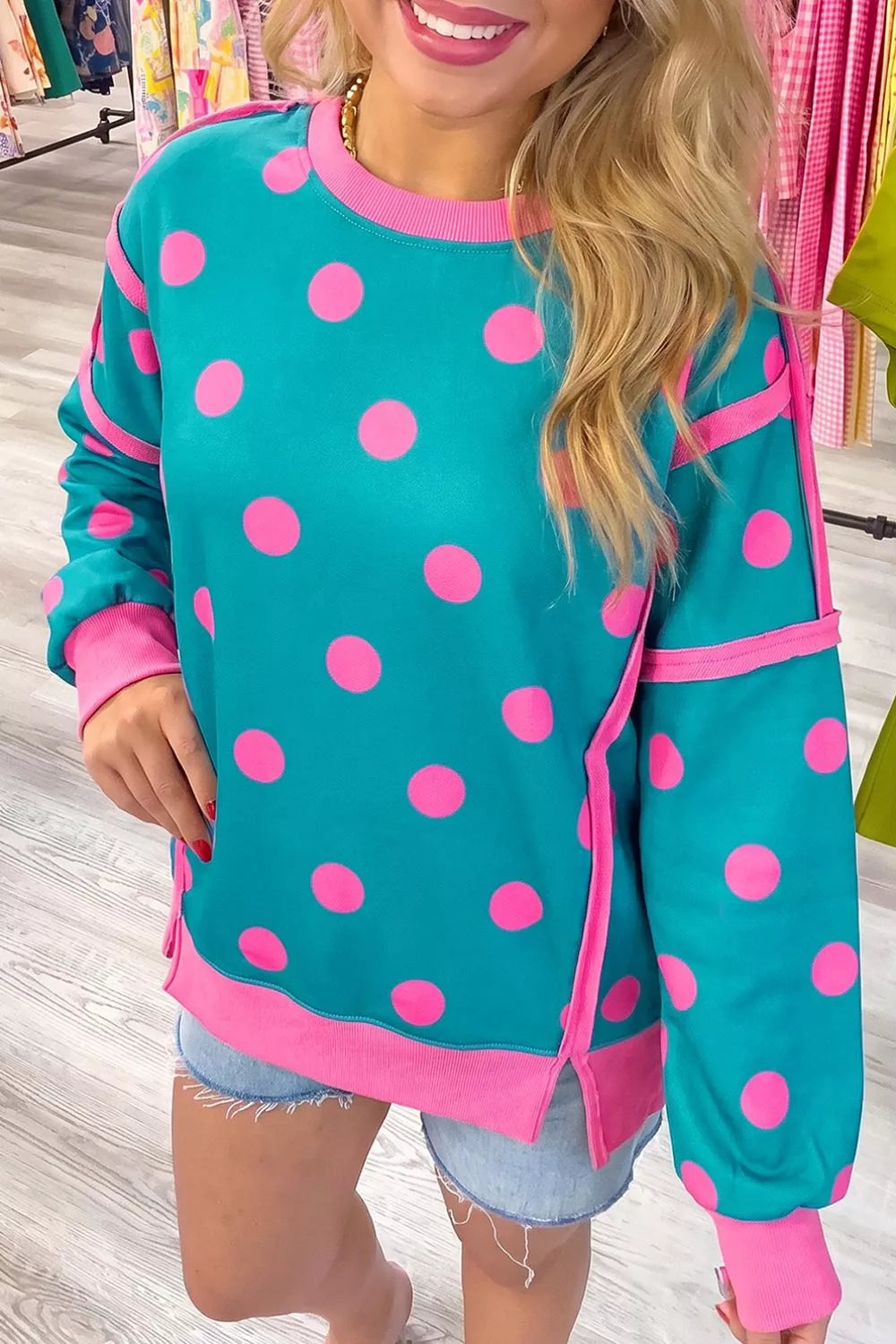 Trendsi Polka Dot Contrast Patchwork Round Neck Baggy Sweatshirt -