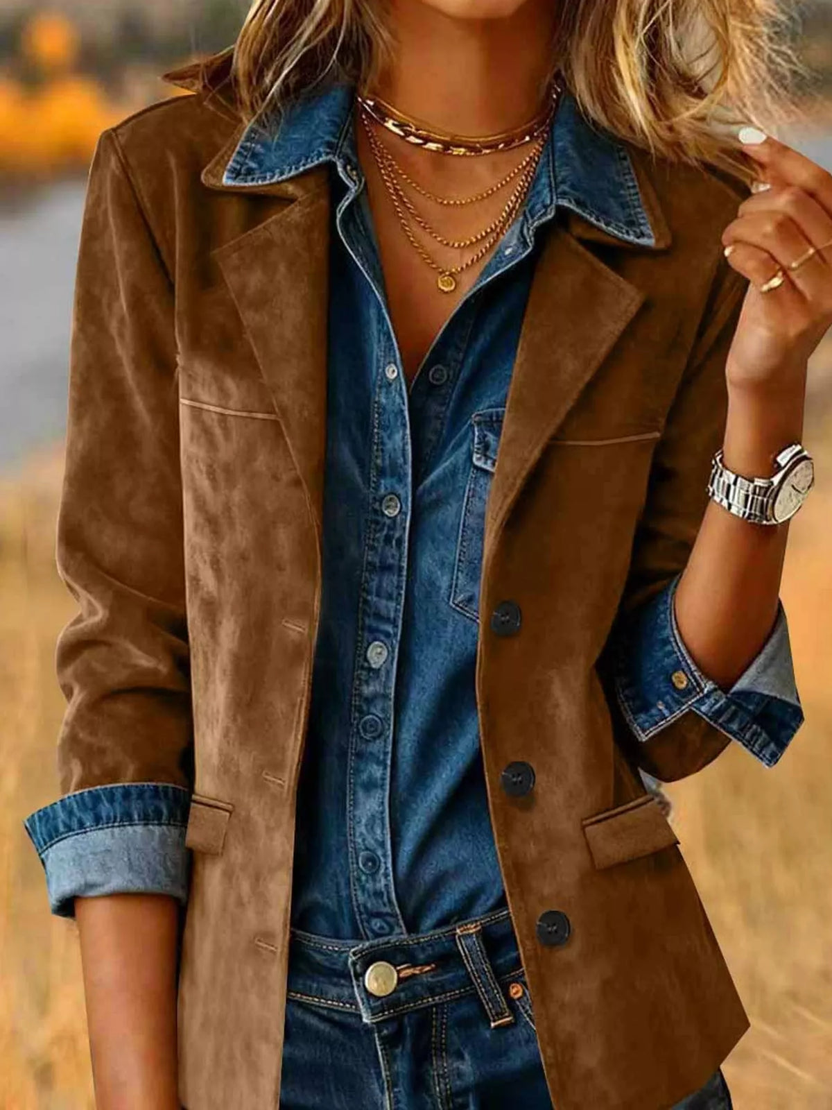 Brown lapel collar button-up blazer — front view