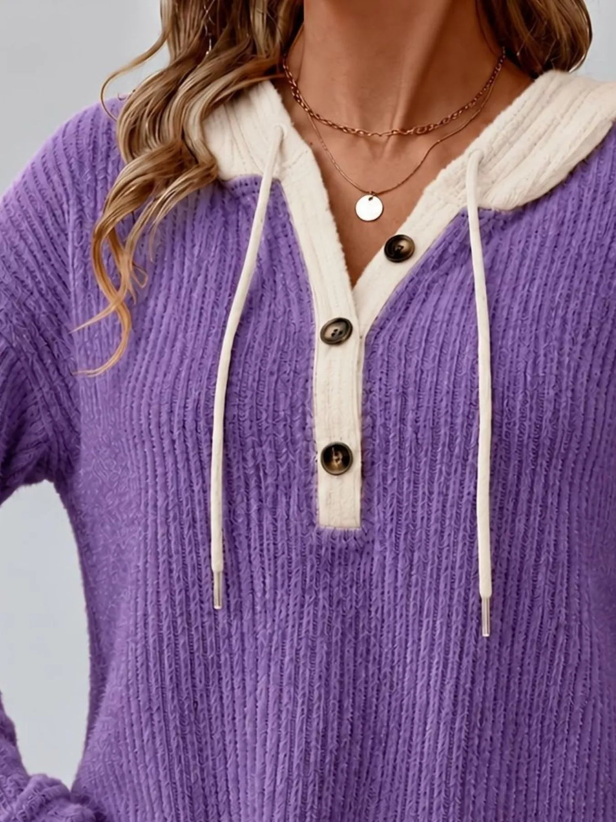 Trendsi Full Size Drawstring Button Detail Hooded Sweater Plus Size -