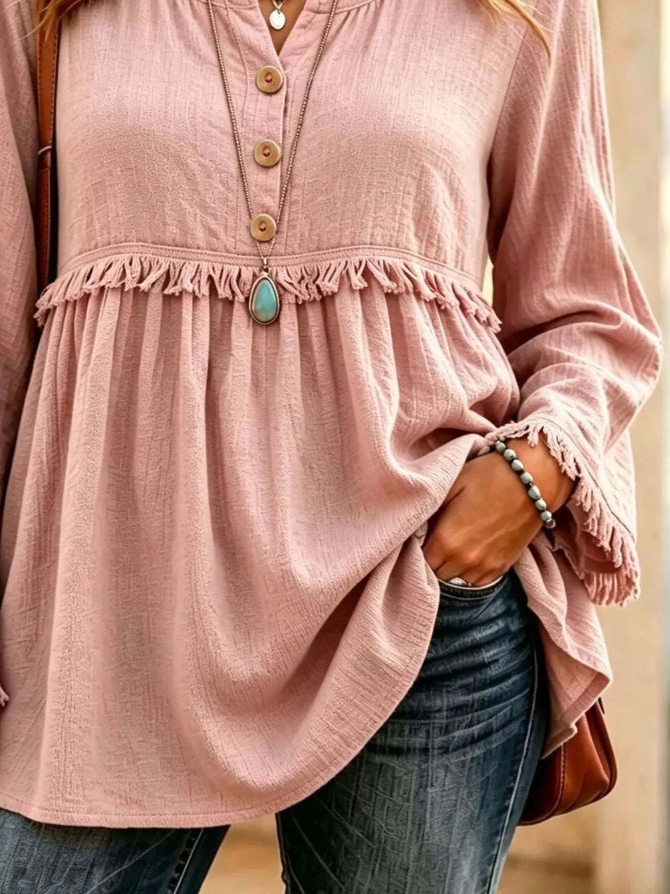 Trendsi Button-Down Detail Fringed Hem Blouse -