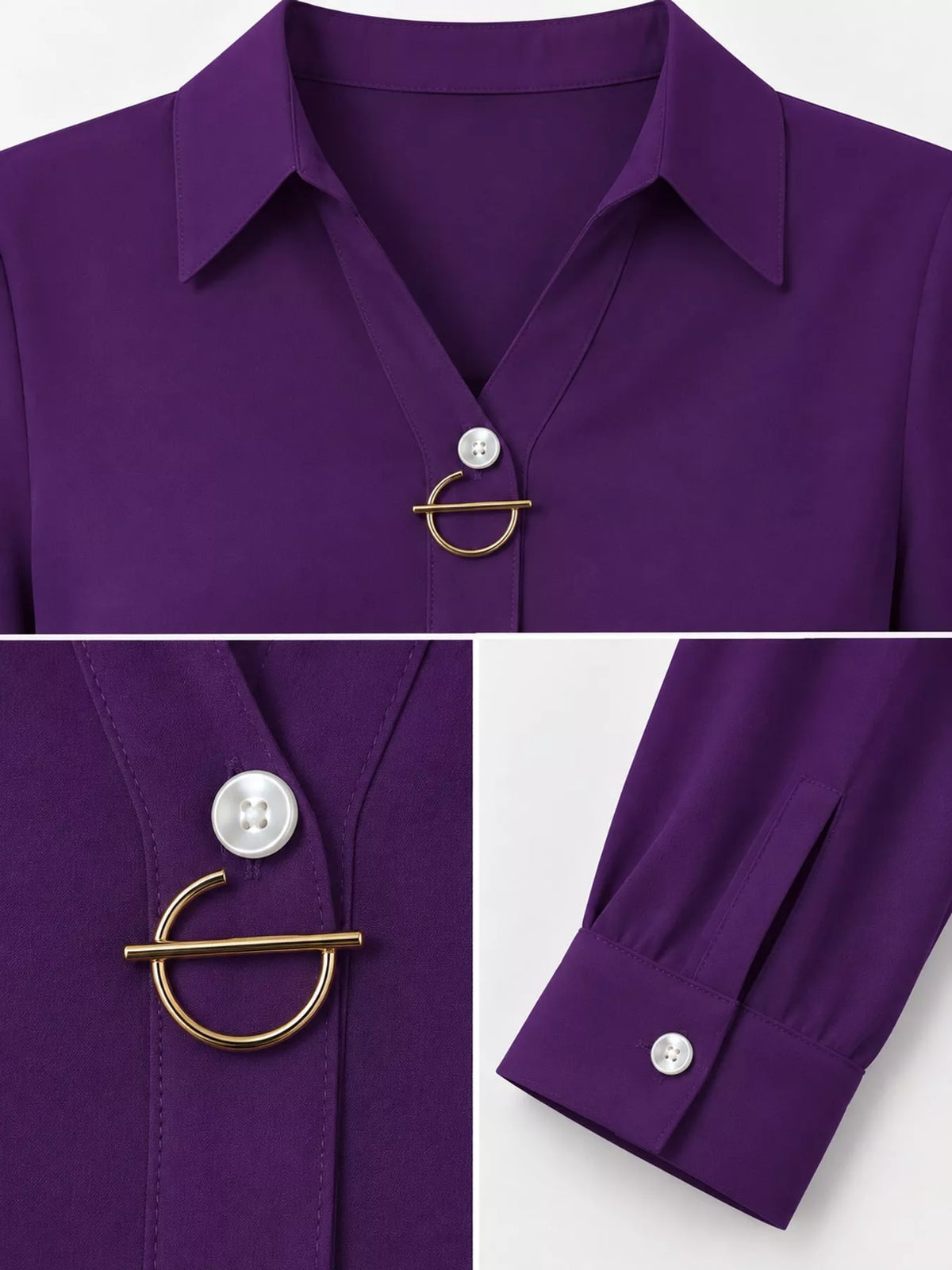 Women's Collared Clasp Detail Long Sleeve Satin Blouse in purple — detail collage view