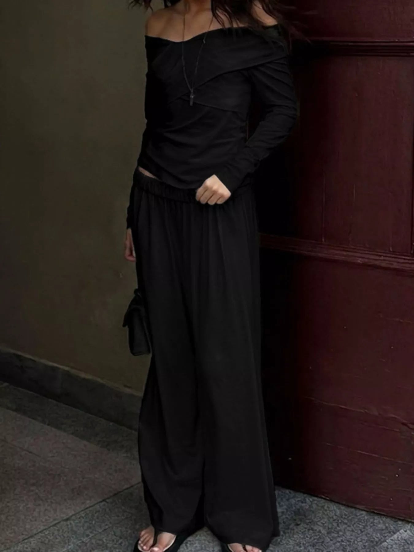 Trendsi Off-Shoulder Long Sleeve Top and Wide-Leg Pants Set -