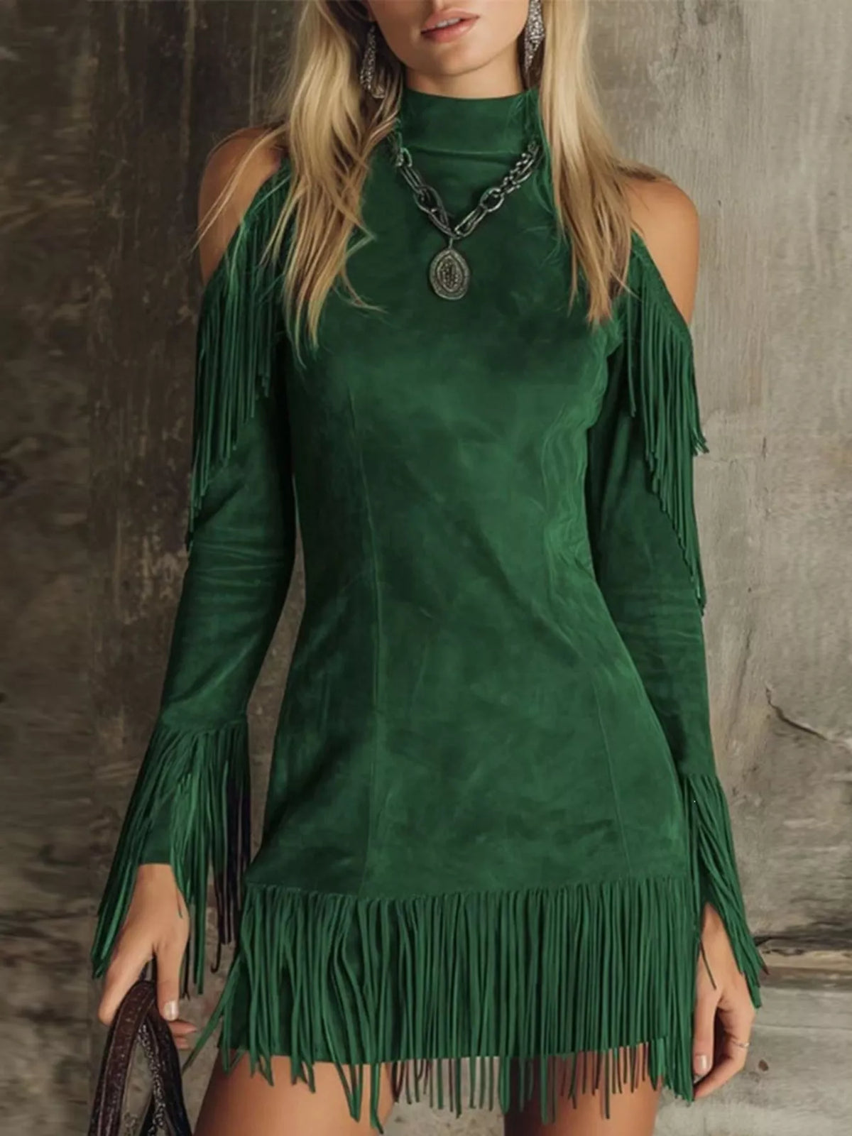 Trendsi Fringed Cold Shoulder Mini Dress -