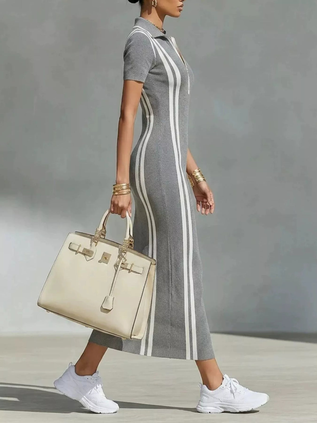 Gray side stripe short sleeve dress — side view