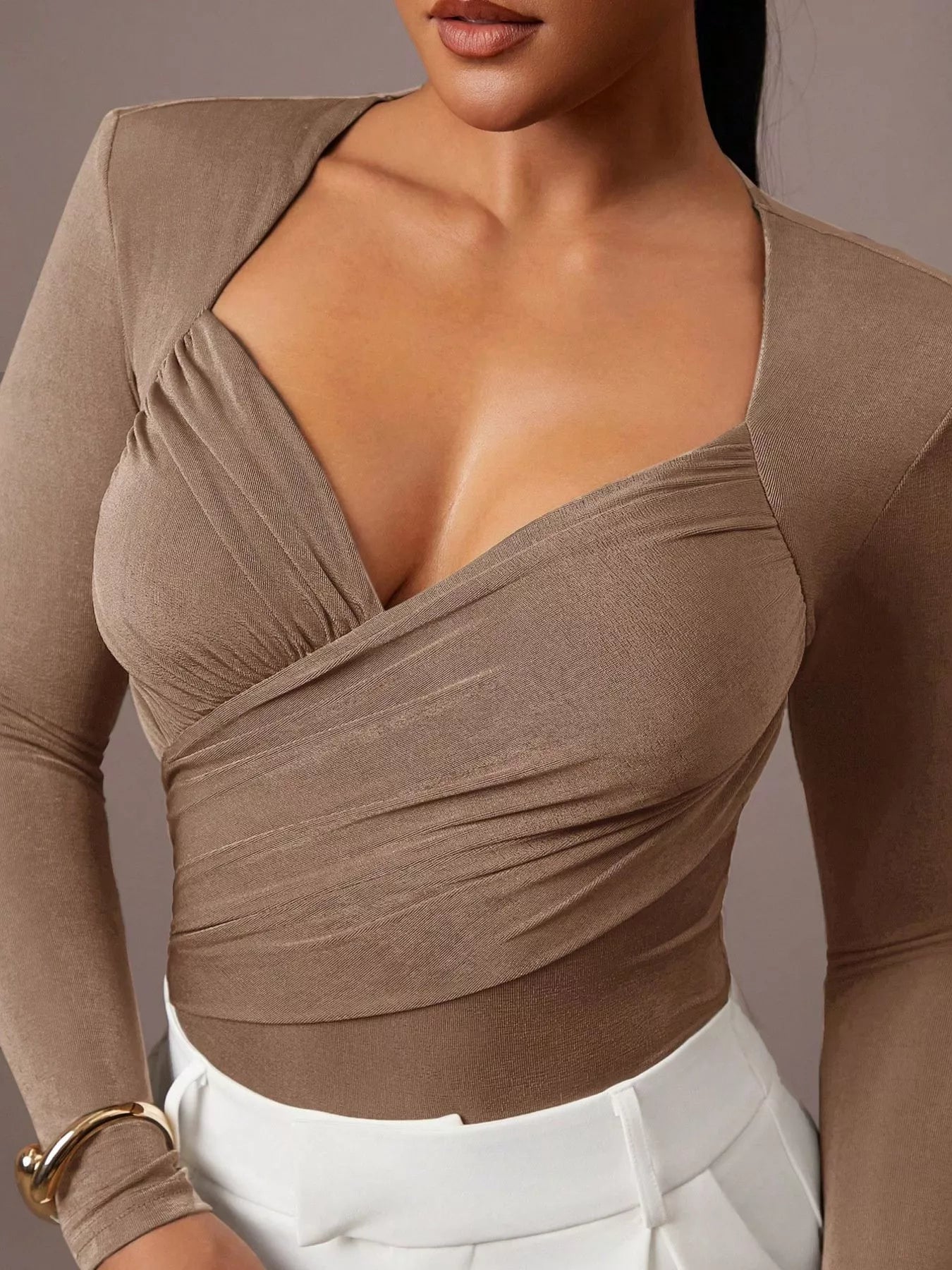 Trendsi Ruched Surplice Long Sleeve Bodysuit -