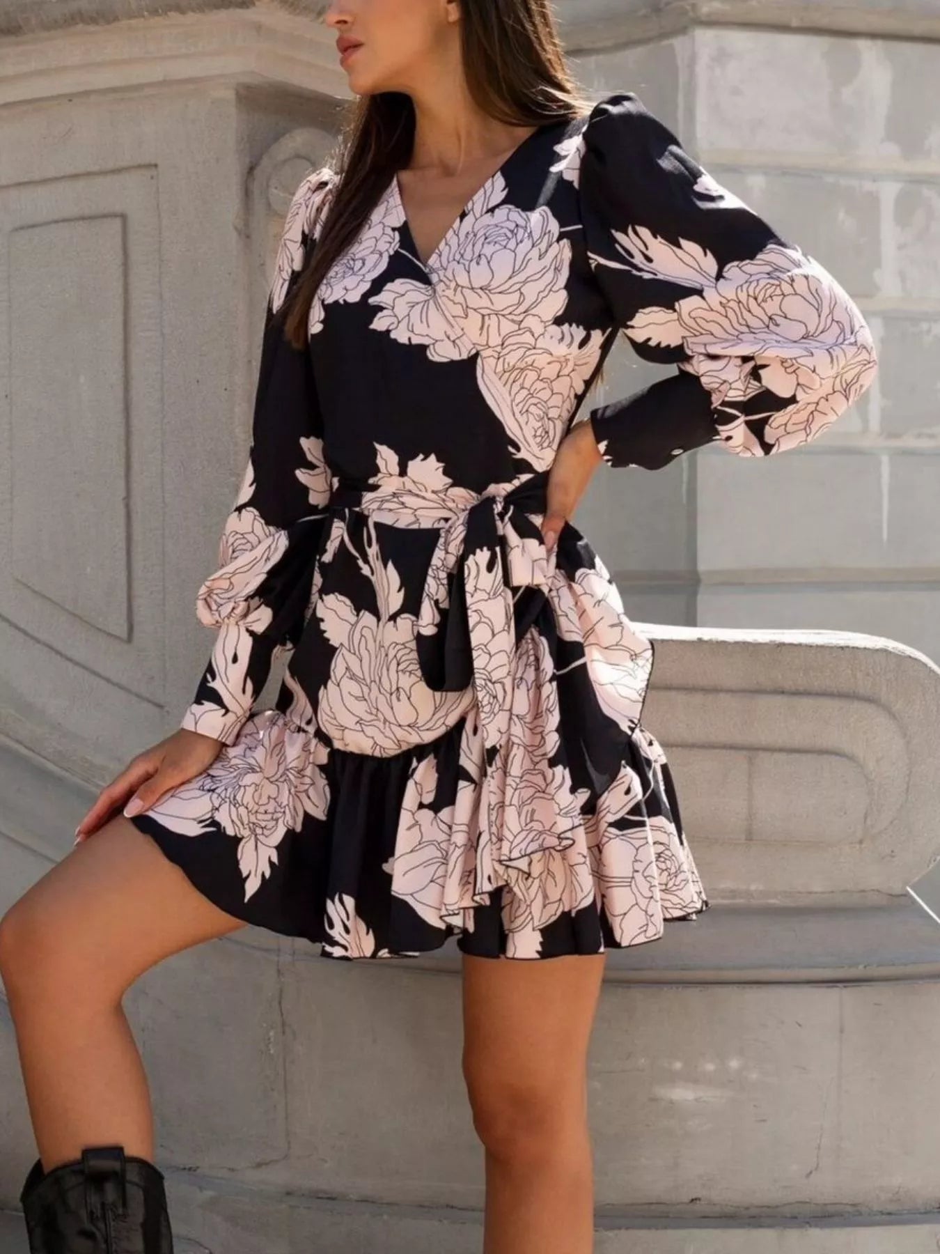 Trendsi Printed Surplice Long Sleeve Wrap Mini Dress -