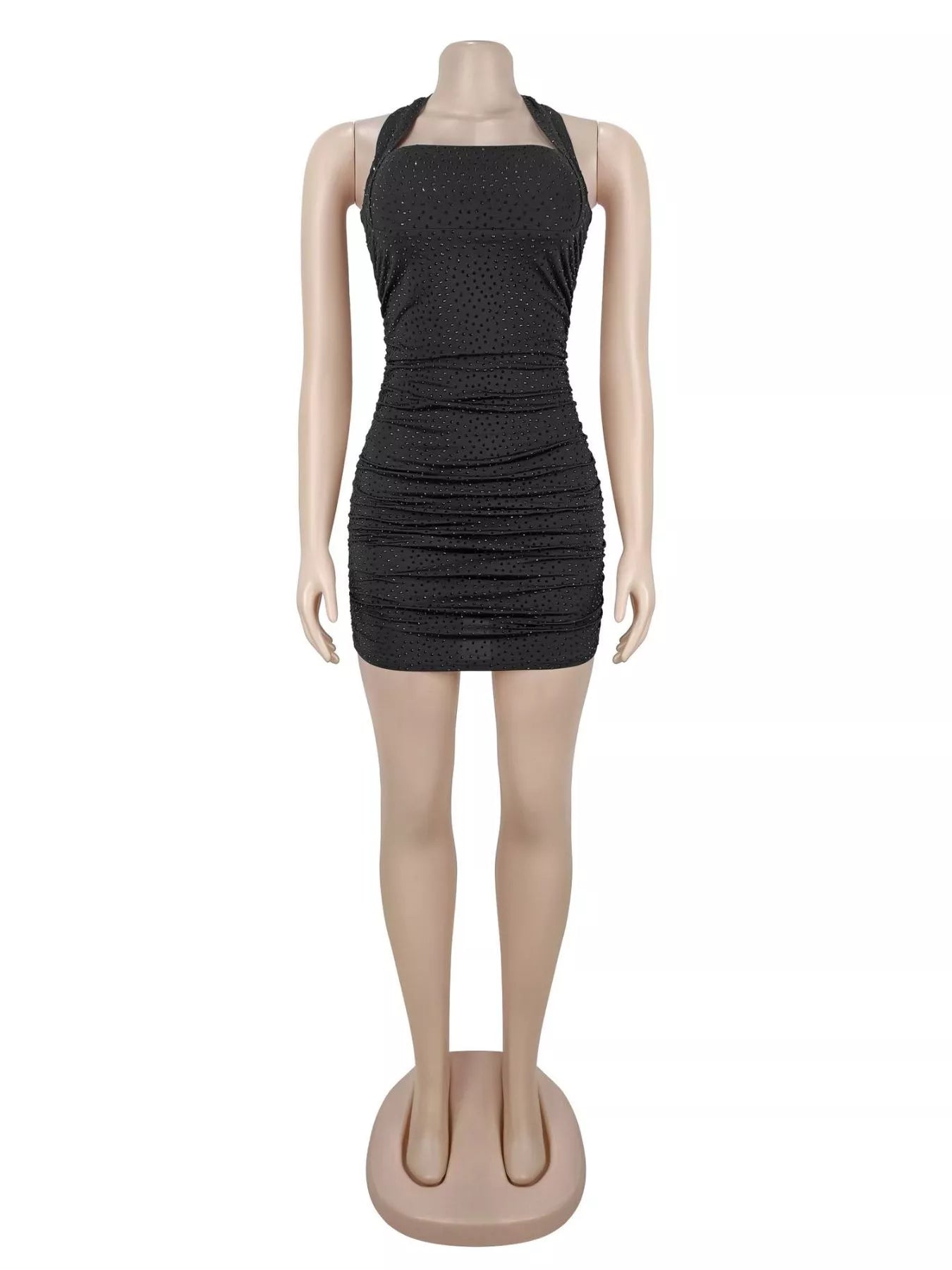 Trendsi Rhinestone Ruched Halter Neck Bodycon Mini Dress -