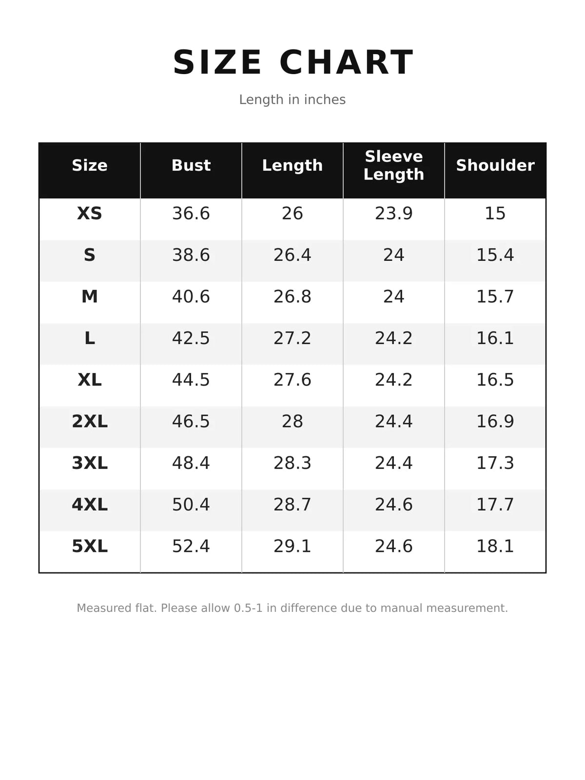 Size chart for double-breasted lapel collar blazer