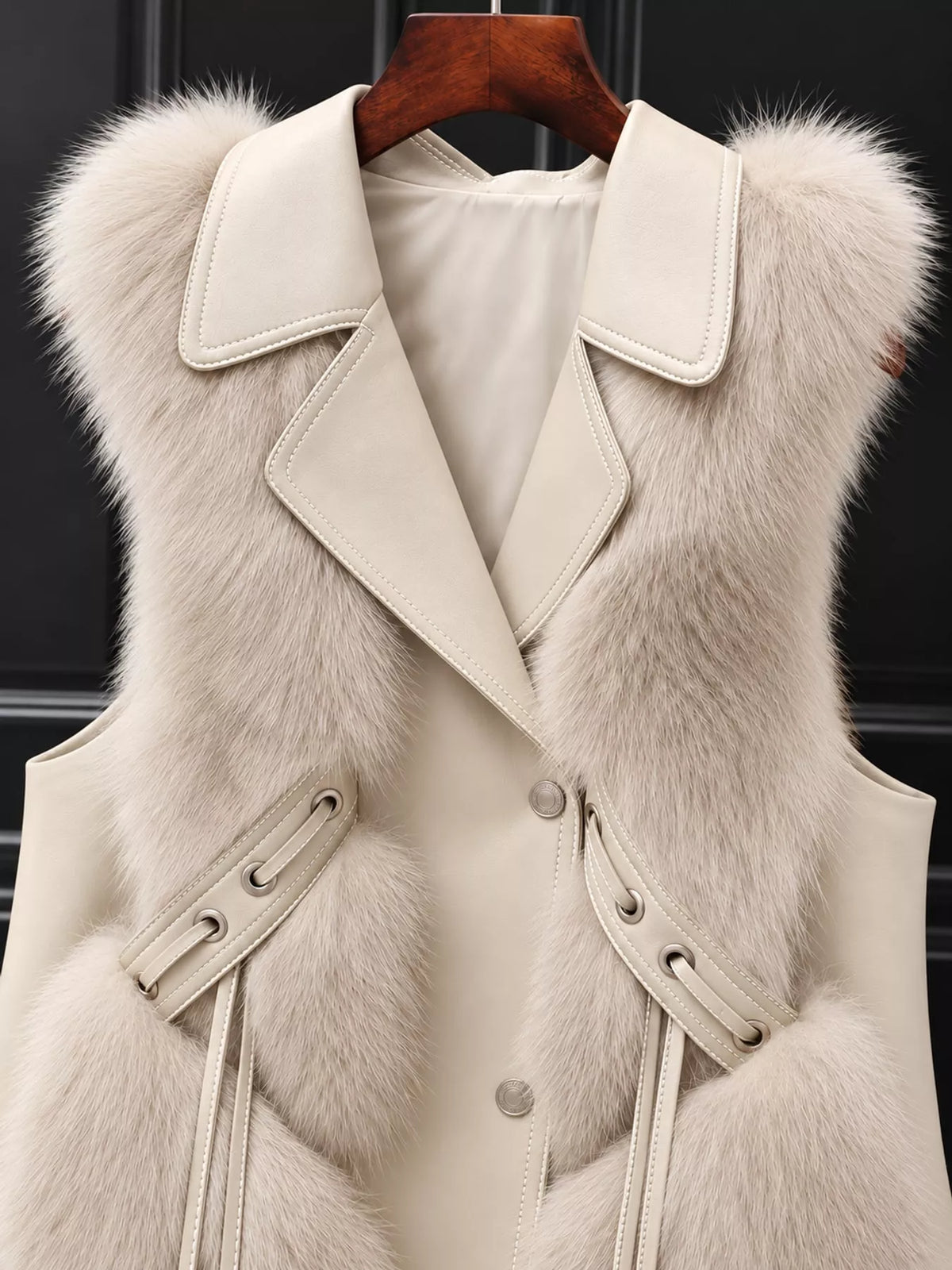 Faux Fur Snap Down Vest Coat, detail view in cream