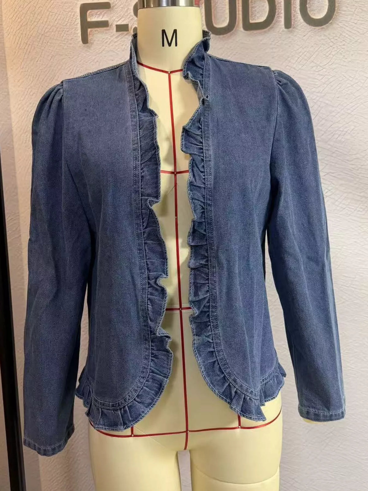 Blue-Denim Jacket ruffle-trim open-front washed denim jacket