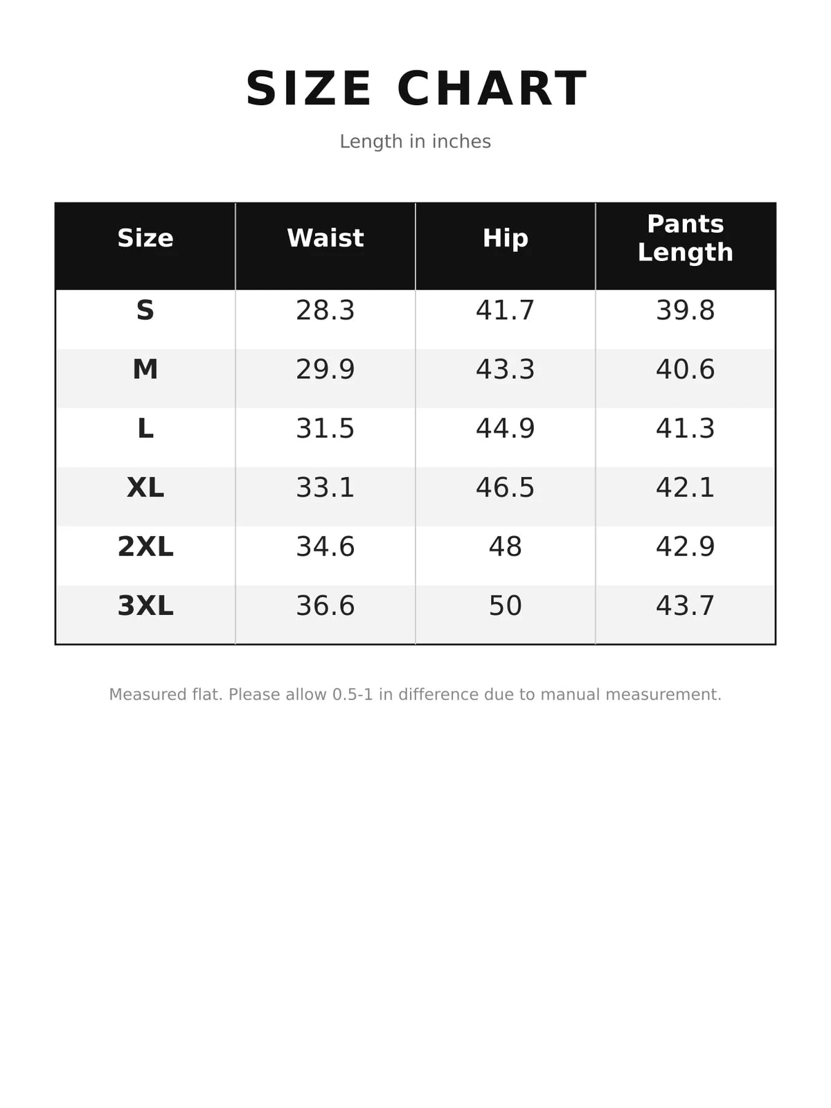 Size chart for wide-leg pants with drawstring