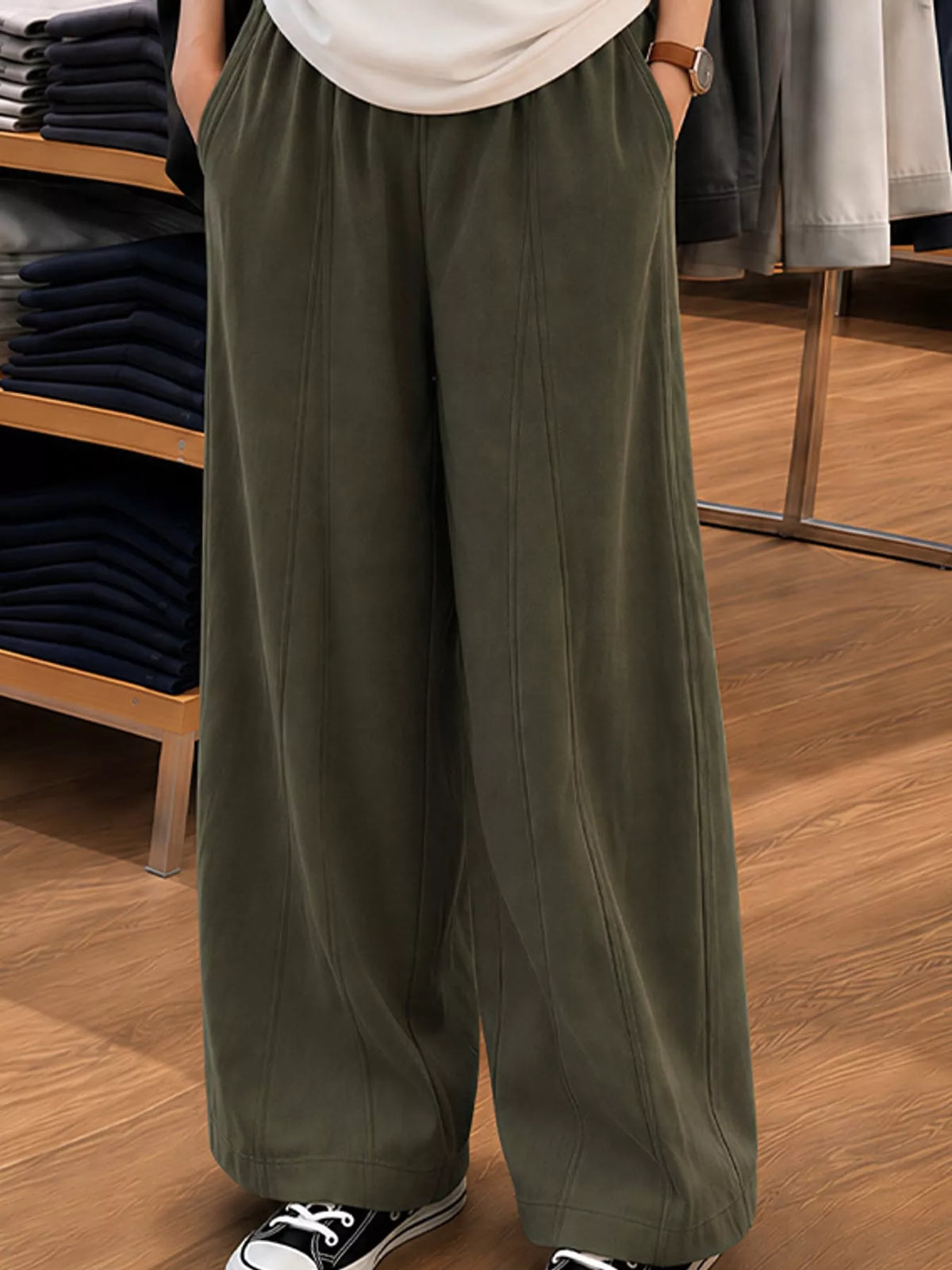 Army green wide leg casual pants, front view