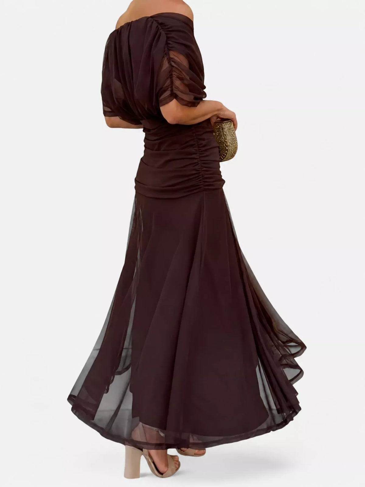 Dark Brown ruched dress, back view