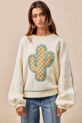 Trendsi BiBi Cactus Embroidered Fleece Sweatshirt -