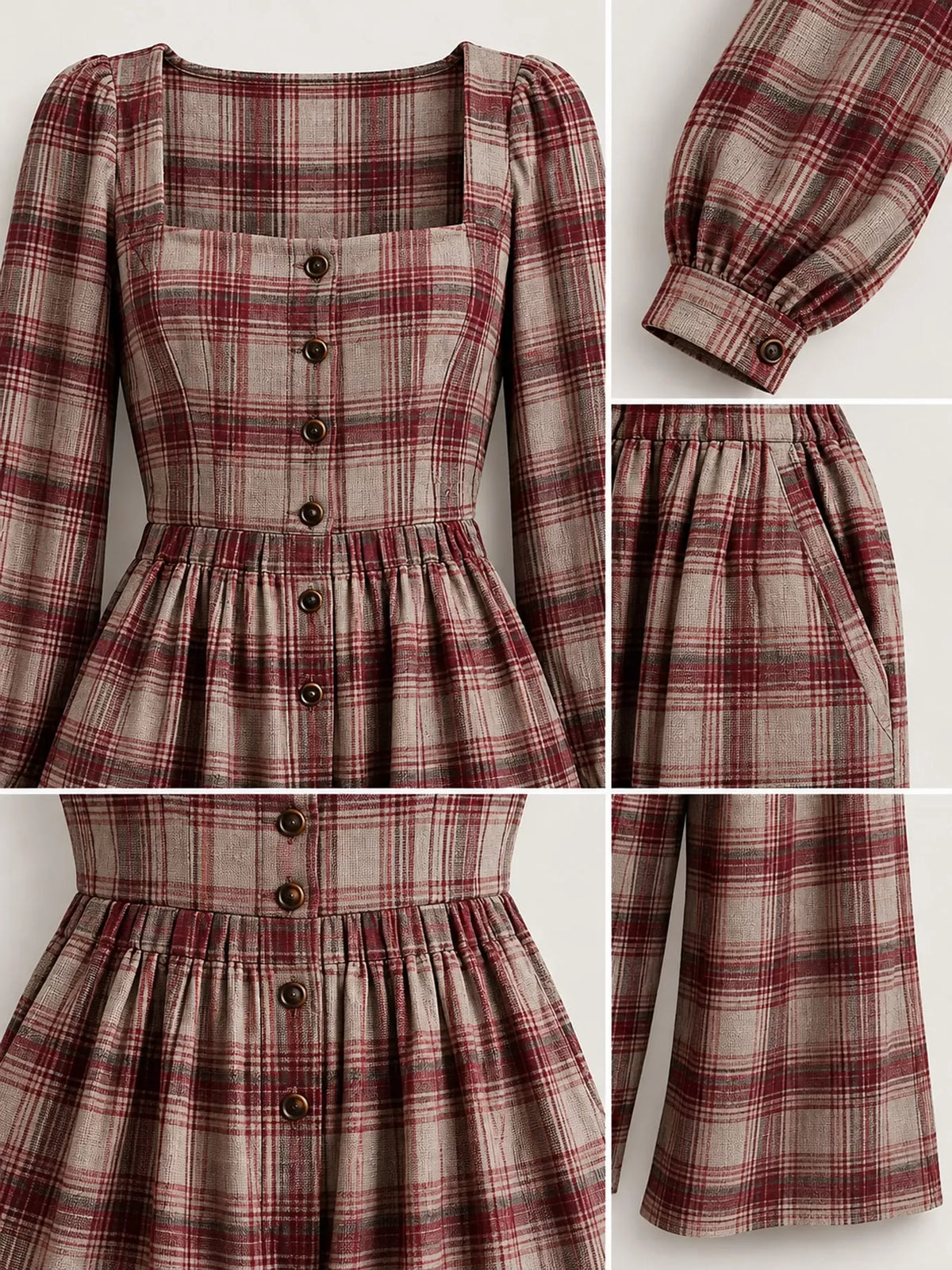 Plaid jumpsuit, burgundy plaid detail collage