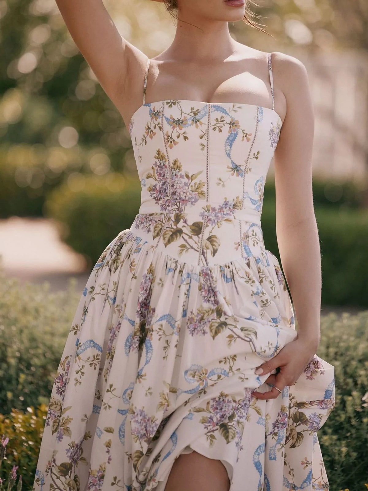 Women's Paneled Bodice Gathered Midi Dress in blue floral — front view