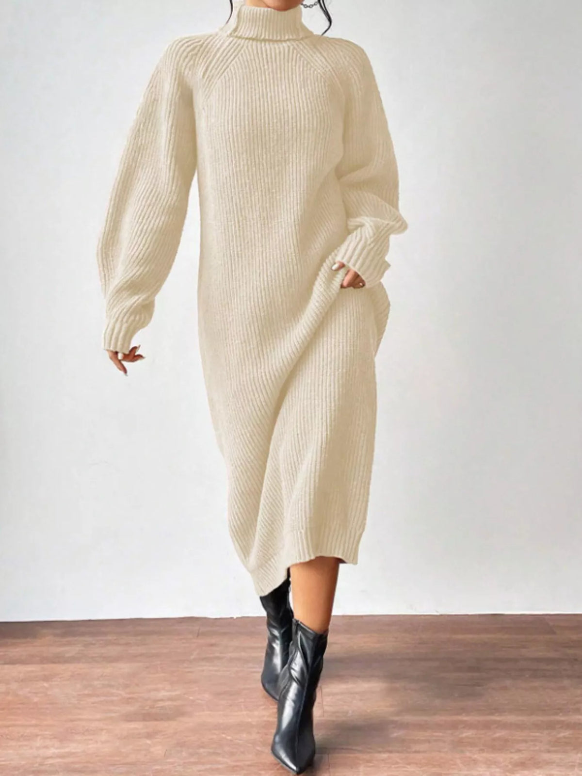 Turtleneck Ribbed Knit Midi Sweater Dress in beige, front view