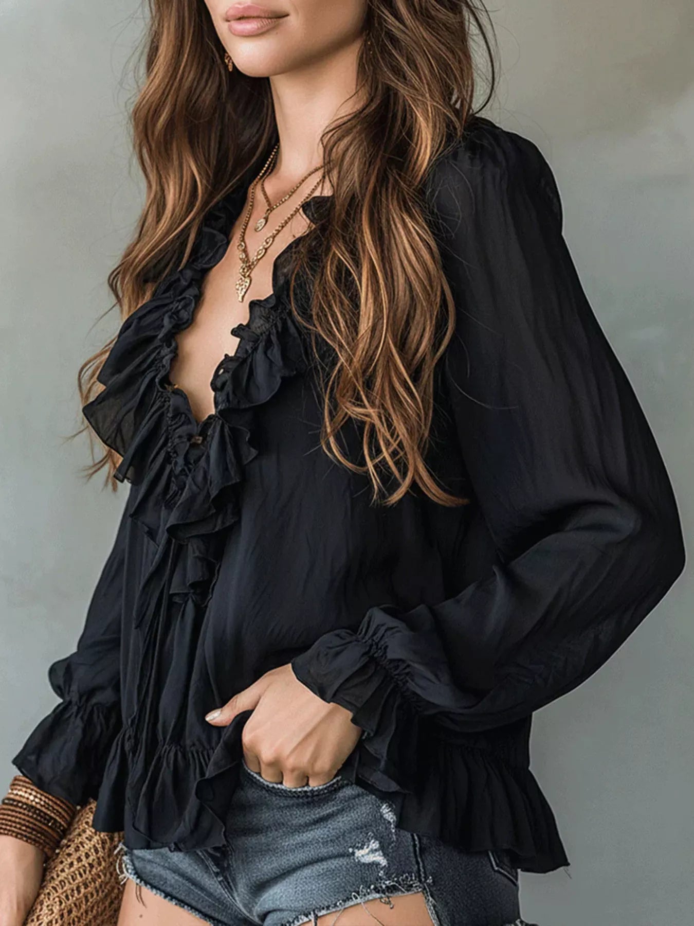 Trendsi Ruffle V-Neck Long Sleeve Blouse -