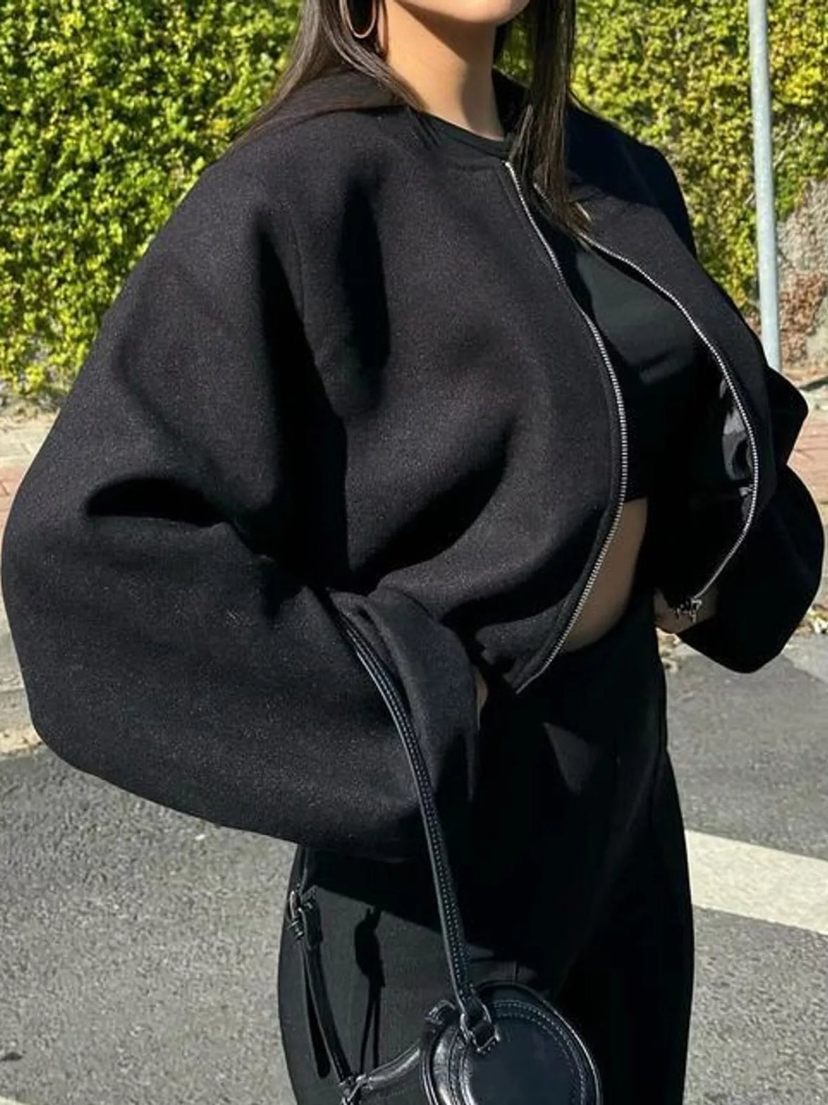 Cropped Round-Neck Zip-Up Jacket — side view