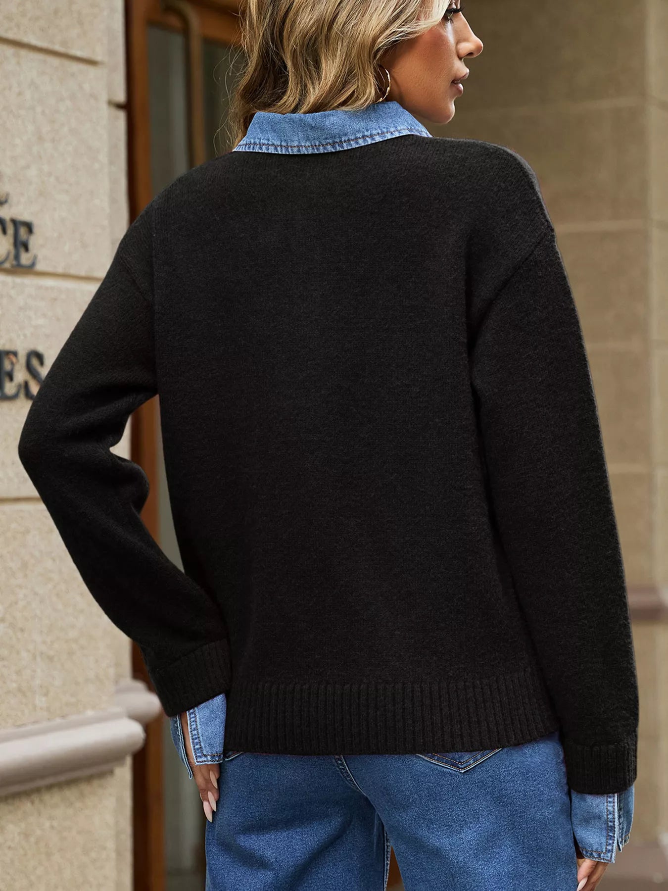 Trendsi Denim Patchwork Collar Cuffed Casual Sweater -